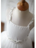 Ivory Tulle Beaded Straps Cross Back Hi Low Lace Trim Flower Girl Dress 